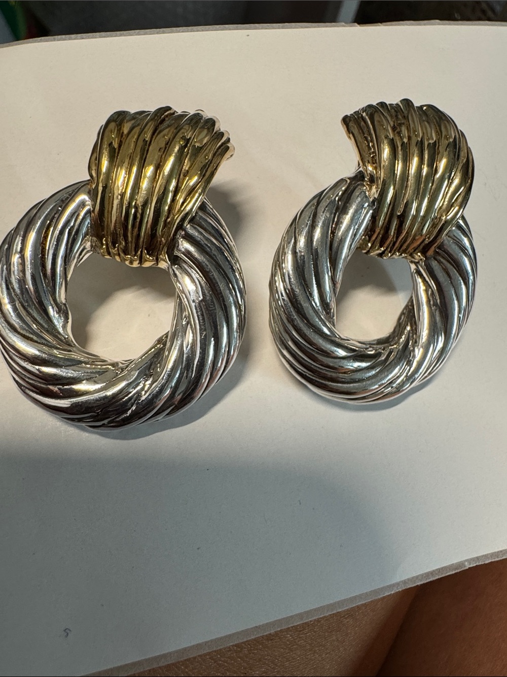 Two-Tone Gold tone and sterling silver . Silver Twisted Hoop Drop Earrings 1980s